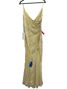 Vestido de noche Mac Duggal 93733 amarillo con cuentas sin mangas envolvente sintético talla 4 - Imagen 1 de 7