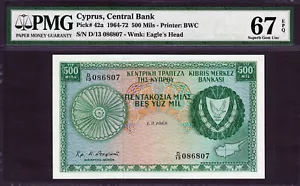 Cyprus 500 Mils 1968 Pick-42a SUPERB GEM UNC PMG 67 EPQ - Picture 1 of 2
