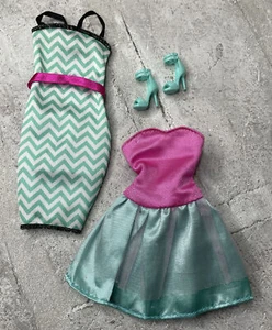 Aqua, White, Pink - Two Dresses, High Heels, Barbie Doll Size Lot #KN17 Clothes - Picture 1 of 12