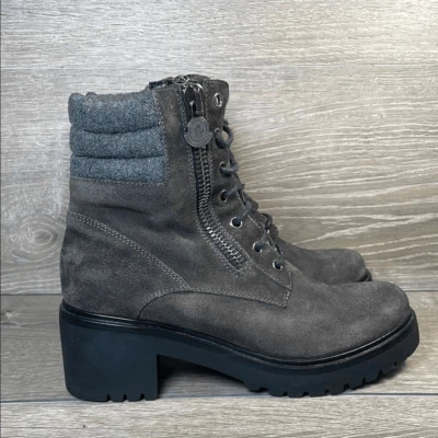 Женские темно-серые замшевые боевые ботинки Moncler Viviane размер 8/ЕС 38 на двойной молнии на каблуке - Изображение 1 из 4