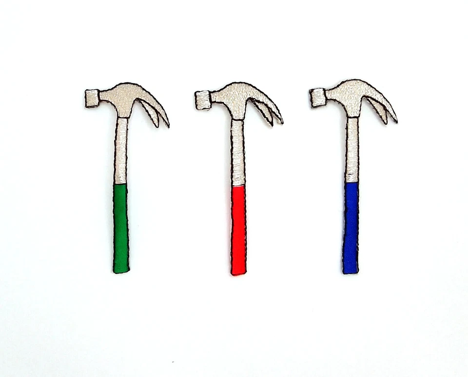 3 Construction Hammer Embroidered Iron on Patches/Applique/Green/Red/Blue - Image 1 of 1