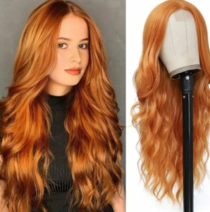 Long HD Transparent Lace Front Wig Auburn Red Red Blonde Human Hair Wavy Curls - Picture 1 of 5