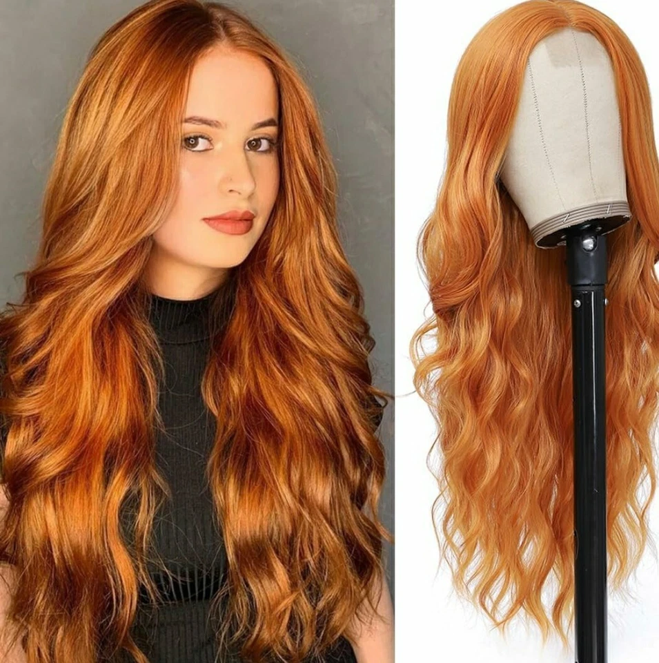 Long HD Transparent Lace Front Wig Auburn Red Red Blonde Human Hair Wavy Curls - Image 1 of 4
