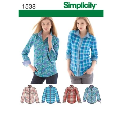 SIMPLICITY 1538 MISSES SHIRT STYLE BLOUSES  Sewing Pattern Sizes 6-14 & 14-22 - Image 1 of 4