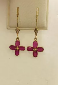 14K Yellow Gold Flower Lever Back Earring With Natural Oval Ruby 1.75GM - Picture 1 of 7