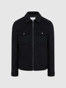 Reiss Mens L Black Wool Trucker style full zip jacket - Picture 1 of 8
