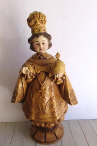 Vtg Santos Nino Infant of Prague Jesus Carved Wood Statue 20" Glass Eyes Heavy - Picture 1 of 14