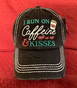 Women's Cap "I Run On Caffeine & Kisses" Dark Gray - One Size Adjustable Strap - Picture 1 of 3