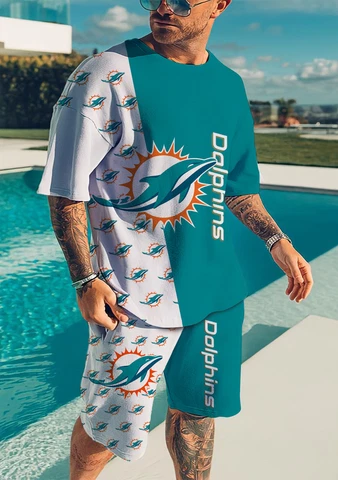 Miami Dolphins 2PCS Wears Set Mens Summer Short Sleeve T-Shirts Beach Shorts Cover