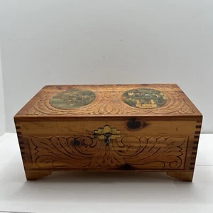 VTG 1930's Dovetail Carved Cedar Chest Jewelry Box Mirror Lake Como Scene As is - Picture 1 of 9