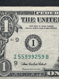 2006 $1 Dollar Bill Fancy Serial Number Trinary I55999259 Minneapolis Circulated - Picture 1 of 3