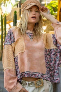 POL Clothing Floral Patchwork Round Neck Knit Womens Top - Picture 1 of 5