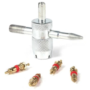Car Bike 4 Way Tyre Valve Repair Standard Tire Remover Tool + 4 Stem Cores Kit - Bild 1 von 12