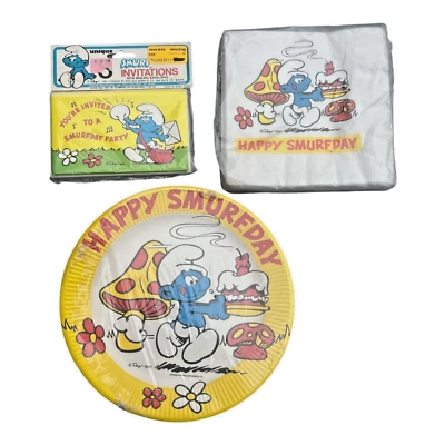 Juego de piezas de cumpleaños Pitufo 1982 día del pitufo 8 platos 16 servilletas 8 invitaciones Foto 1 de 4