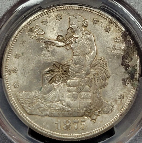1875 S $1 Trade Silver Dollar PCGS AU Detail Chopmark Env Dam Nice Luster *D138 Cover