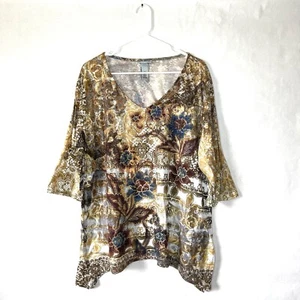 Top Catherines marrón cuello en V manga 3/4 para mujer talla grande 2X pedrería azul - Imagen 1 de 11