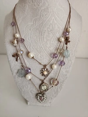 Betsey Johnson En Capas Dije Collar Corazón Reloj Arcos Imitación Perla Tono Dorado  Foto 1 de 4