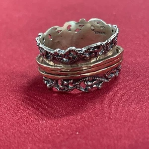 Paz Sterling Silver Gold Wide 3 Band Spinner Lace Modernist Ring Size 9.75 - Picture 1 of 7