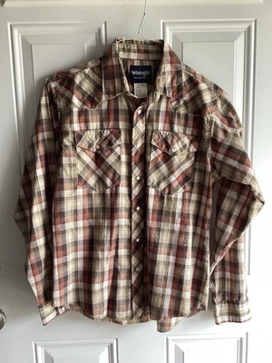 Wrangler Western Plaid 棕色/米色青年 XL (14-16) 珍珠扣衬衫。 — 第 1/4 张图片