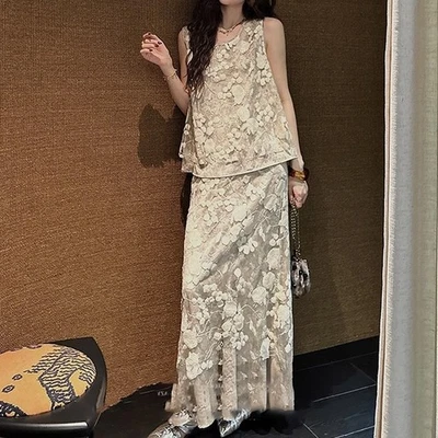 Womens Summer Bead Embroidery Set French Sleeveless Top Lace Mesh Half Skirt Set - Image 1 of 4