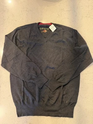 Orvis Mens Merino Wool Sweater M Charcoal V-Neck Fishing Fly Embroidered NWT - Image 1 of 4