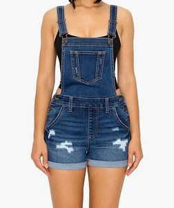 Wax Jeans Junior’s Dark Wash Jean Cuffed Overall Shorts Distressed Size 1X Cute - Picture 1 of 9