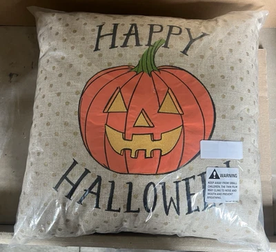 Happy Halloween Burlap Decorative Throw Pillow Embroidered Jack-O-Lantern 16x16" - Image 1 of 2