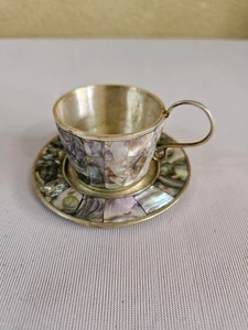 Vintage Alpaka Mexiko Abalone Muschel Intarsien auf Silber Demitasse und Untertasse - Bild 1 von 11