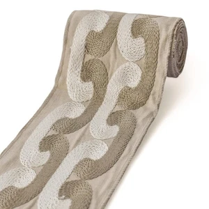 Greek Key Wave Embroidered Designer Trim, Chain Stitch Tape, Linen Border - Picture 1 of 7