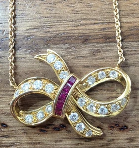 Vintage Estate 18k Yellow Gold Ruby & Diamond Bow Necklace, 16", 4.96 Grams - Picture 1 of 8