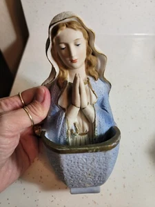 VINTAGE HOLY WATER FONT WALL HANGING PORCELAIN MARY MADONNA WALL POCKET - Picture 1 of 7