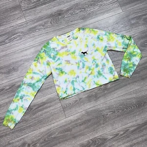 Victorias Secret PINK Crew Neck Raw Hem Sweatshirt Crop Top Tie Dye Pullover S - Picture 1 of 6
