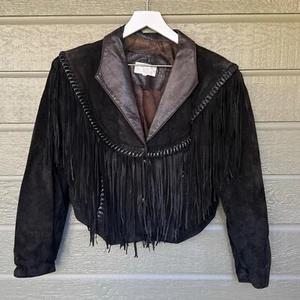 Vintage Cache Black Leather Jacket w/ Fringe Womens Medium 1980s - Picture 1 of 19