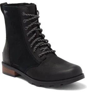 NEW SOREL Womens Emelie Waterproof Leather Lace-Up/Zip Combat Boot US 7.5 Black - Picture 1 of 19