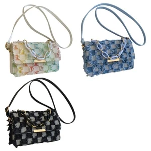 Ladies Chain Handle Shoulder Handbag Denims Tassels Checkered Flap Crossbody Bag - Picture 1 of 11