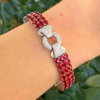 27 CTW Lab Created Oval Ruby & Diamond 925 Silver 3 Row Tennis Women's Bracelet - Image 1 of 4