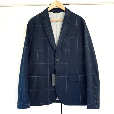 Armani Exchange Blazer Jacket Navy Blue Sports Coat Grid Print Plaid NEW Size 38 - Image 1 of 4