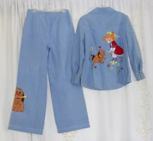 Vtg Penney's International Imports Embroidered Dog Girl Denim Jeans Shirt Set - Picture 1 of 15