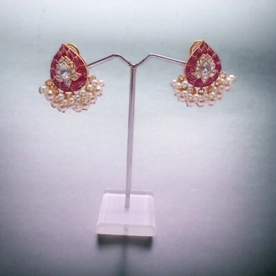 925 Sterling Silver Moissanite Polki Stud Earring, Labmade Ruby Stud Earring - Image 1 of 4