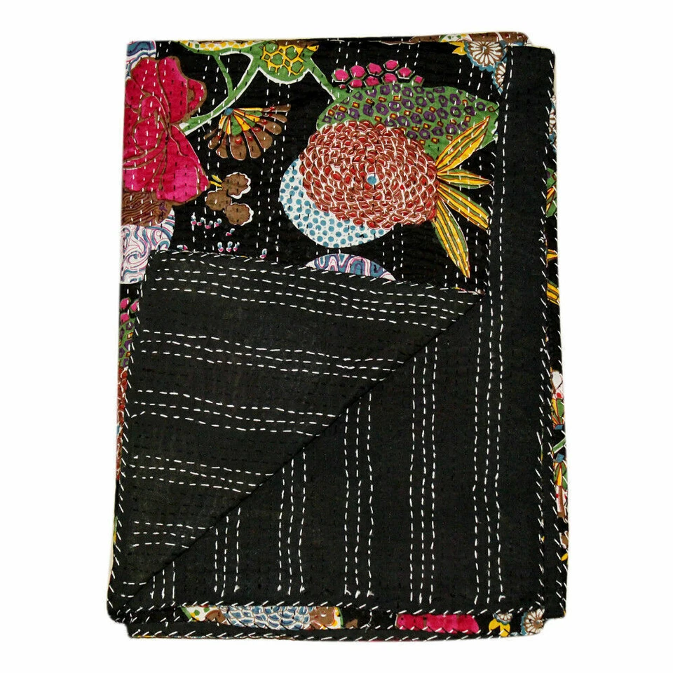 Colcha Kantha negra índigo floral tamaño doble colcha manta ropa de cama Foto 1 de 3
