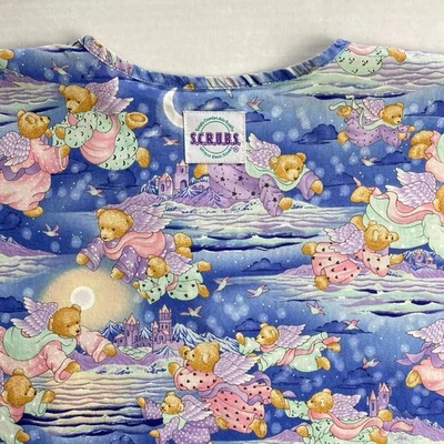 S.C.R.U.B.S. Scrub Top Size Large Teddy Bear Angel Cloud Castle Print USA Made - Image 1 of 4