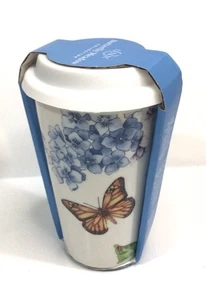 Lenox Butterfly Meadow Blue Thermal Travel Ceramic Mug & White Silicone Lid 10oz - Picture 1 of 6