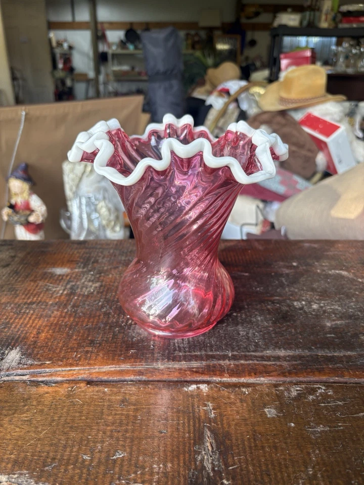 Fenton Cranberry Vintage Swirl Vase Ruby Snowflake White Edges 7" Glass Ruffle - Image 1 of 4