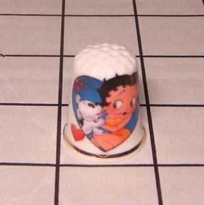 Betty Boop and Dog Pudgy Blue Heart Frame Fine Porcelain w/ Gold Trim Thimble - Picture 1 of 1
