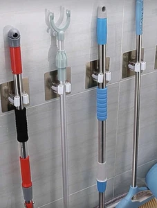 3pc No Drill Mop Holder Bathroom Storage Holder Wall Mounted Broom Hanger - Picture 1 of 6