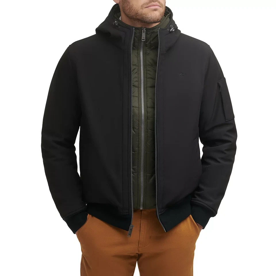 Men's Dockers Softshell Performance Hooded Bomber Jacket in Black Size XXL - NEW - Image 1 of 4