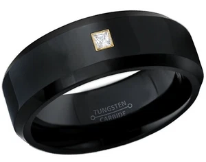 0.05ctw Princess Cut Diamond Ring, 8mm Black Beveled Tungsten Wedding Band #084 - Picture 1 of 13