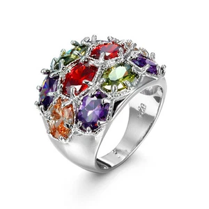 Multi-Color Flower Cz Engagement Band Women's 925 Silver Wedding Ring Size 6-10 - Picture 1 of 8