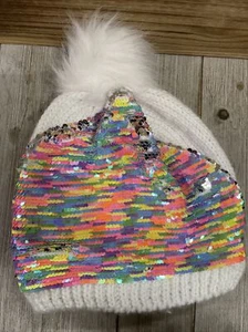 Place Rainbow On White Sequin Flip Winter Hat With Pom Pom Kids L/XL - Picture 1 of 4