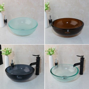 310mm Bathroom Round Vessel Sink Tempered Glass Bowl Waterfall Mixer Faucet Tap - Picture 1 of 47